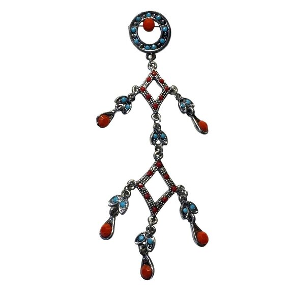 Unknown Jewelry - Southwestern Faux Turquoise & Coral Chandelier Brooch Silver-Tone 4 1/2"